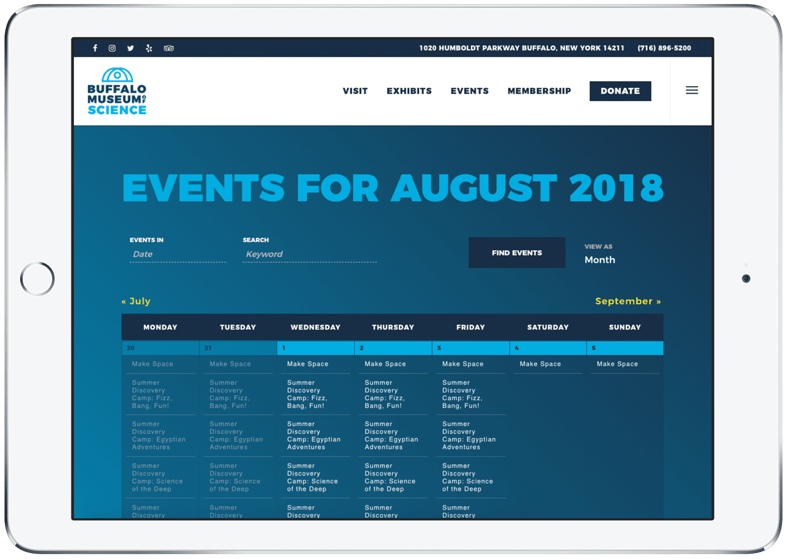 Buffalo Museum of Science events calendar screenshot