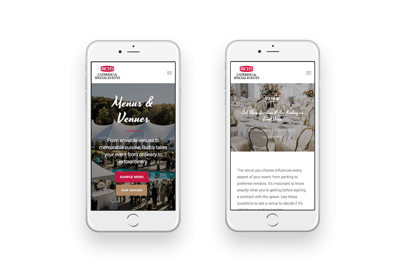 Rich's Catering landing page on mobile phone