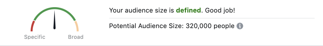 Screenshot of audience size in Facebook Ads Manager