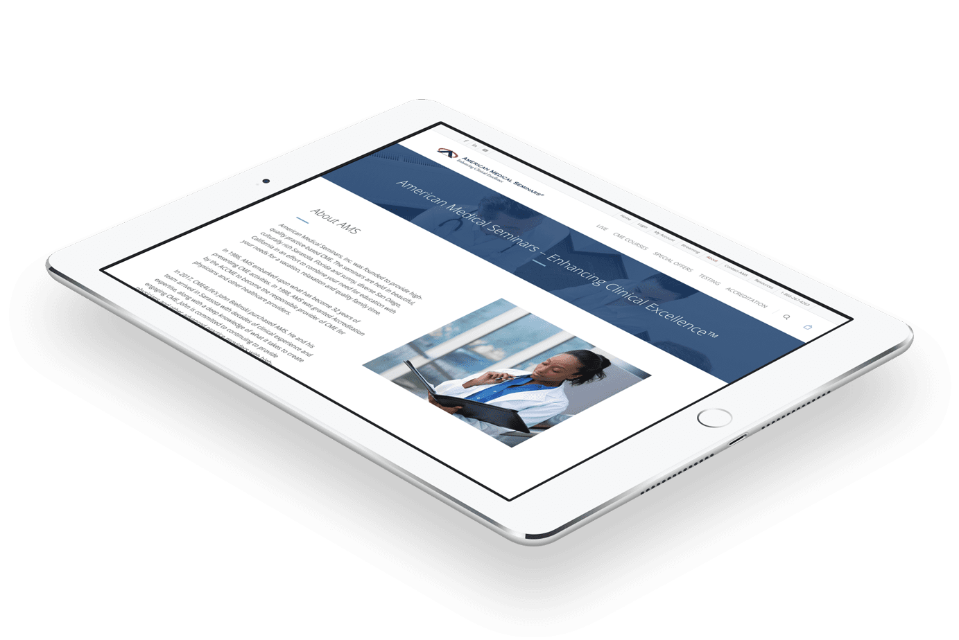 American Medical Seminars About page displayed on tablet