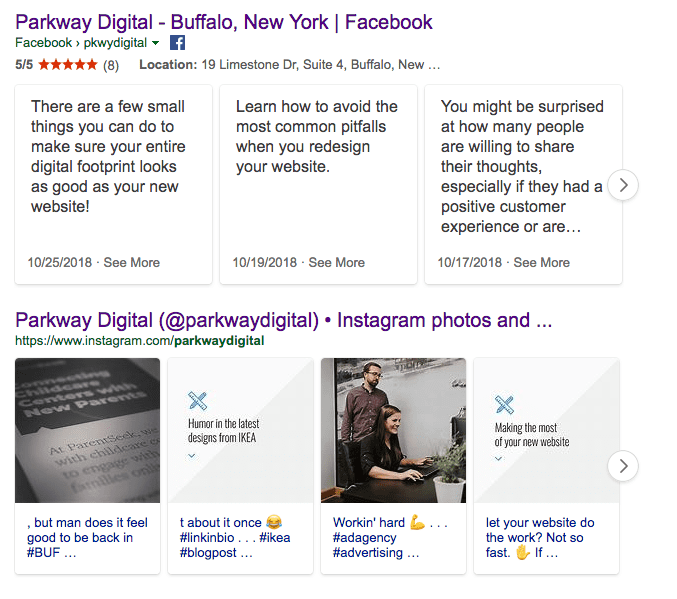 Parkway Digital social media accounts in Bing search results