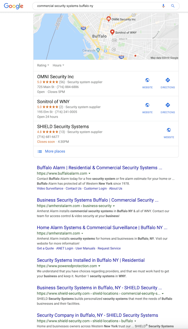 Screenshot of Google search for commercial security systems buffalo ny
