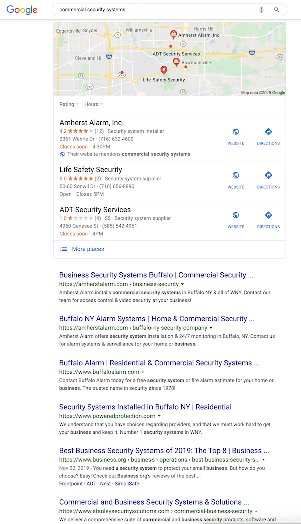 Screenshot of Google search for commercial security systems
