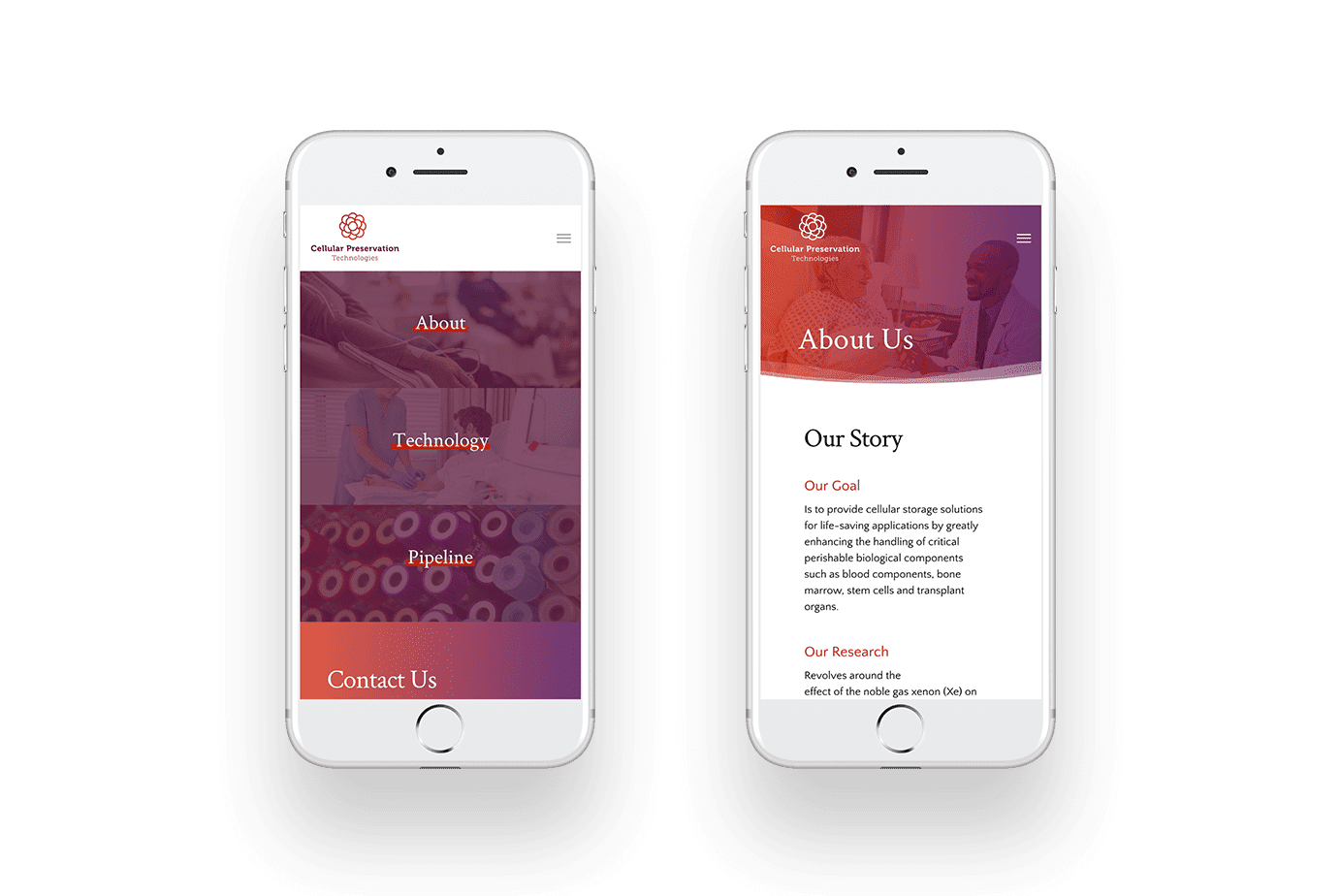 Cellular Preservation Technologies responsive website screenshots on phone display