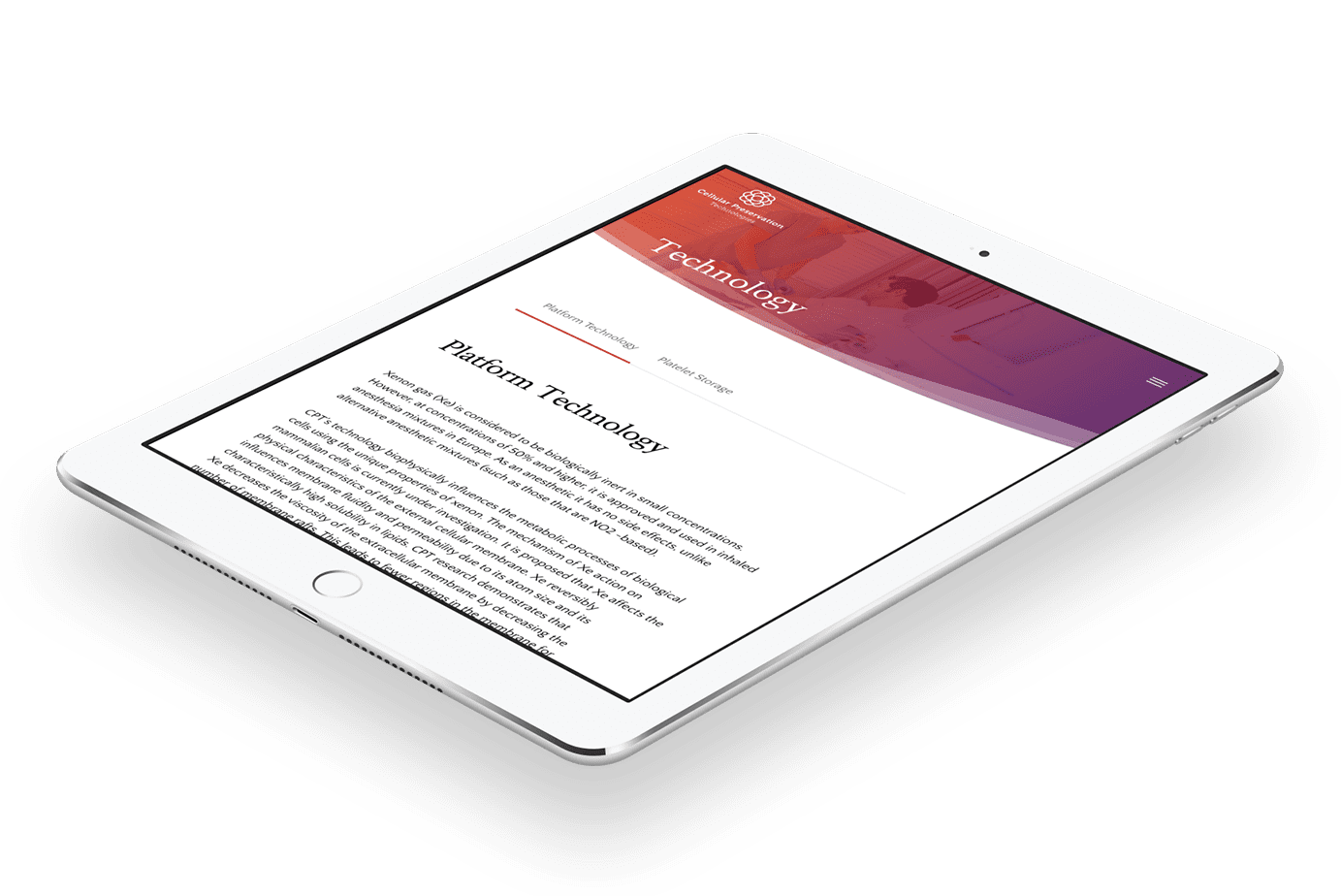 Cellular Preservation Technologies website design tablet display