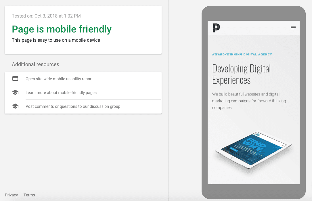 Results of Google's Mobile-Friendly Test