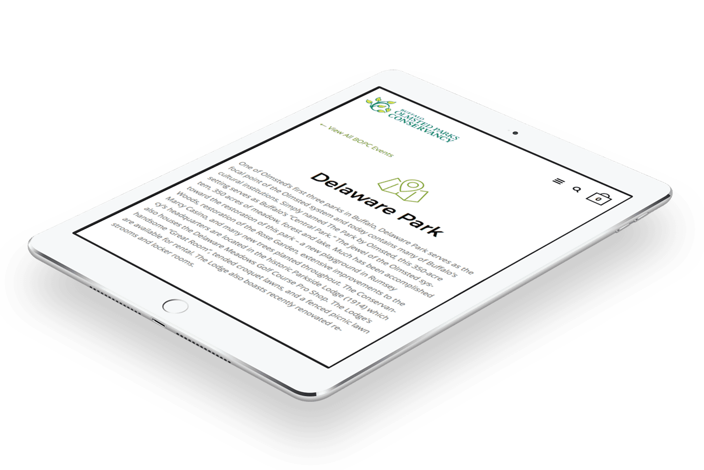 Olmsted Parks Conservancy web design on iPAD