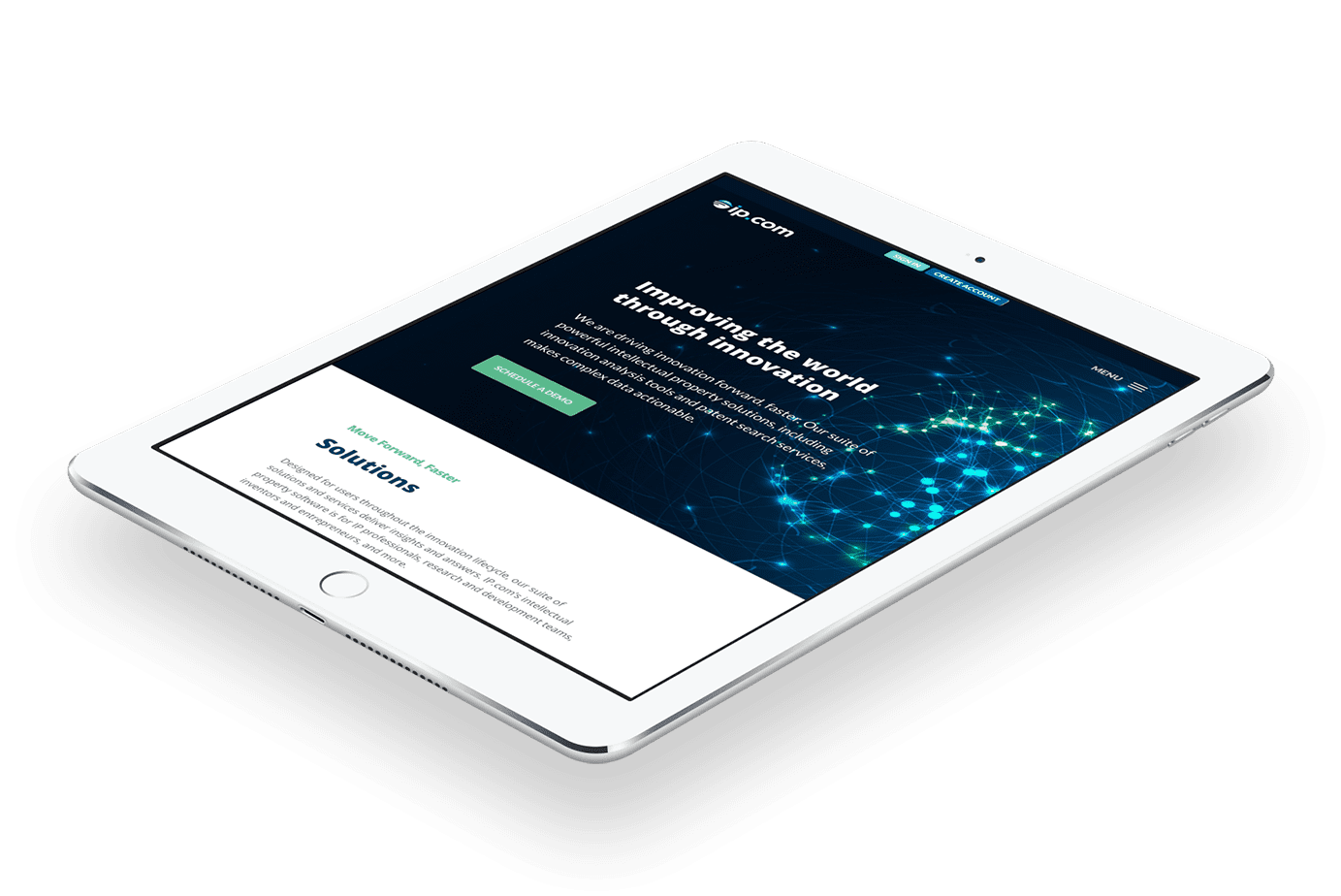 IP.com homepage preview on tablet