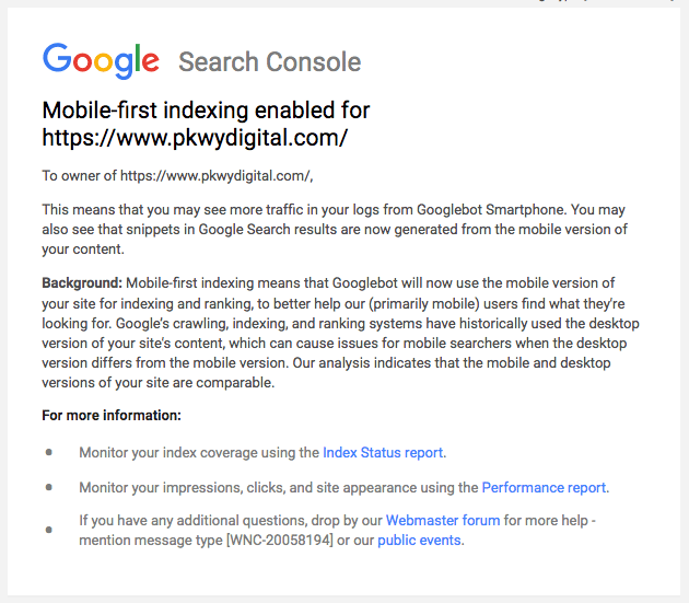 Email from Google Search Console about mobile-first indexing