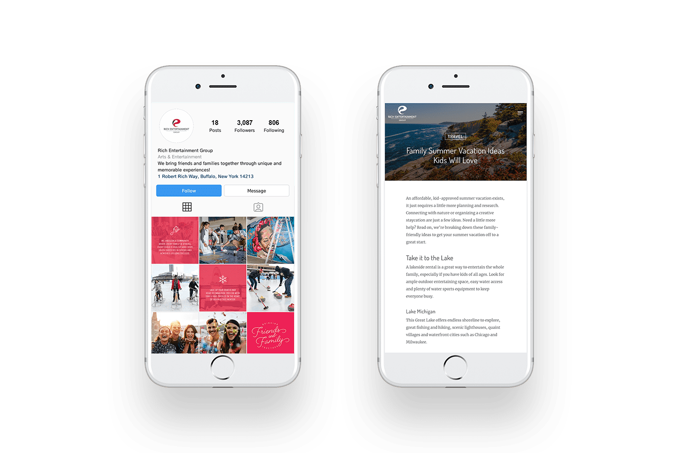 Rich Entertainment Group mobile website and Instagram grid screenshots