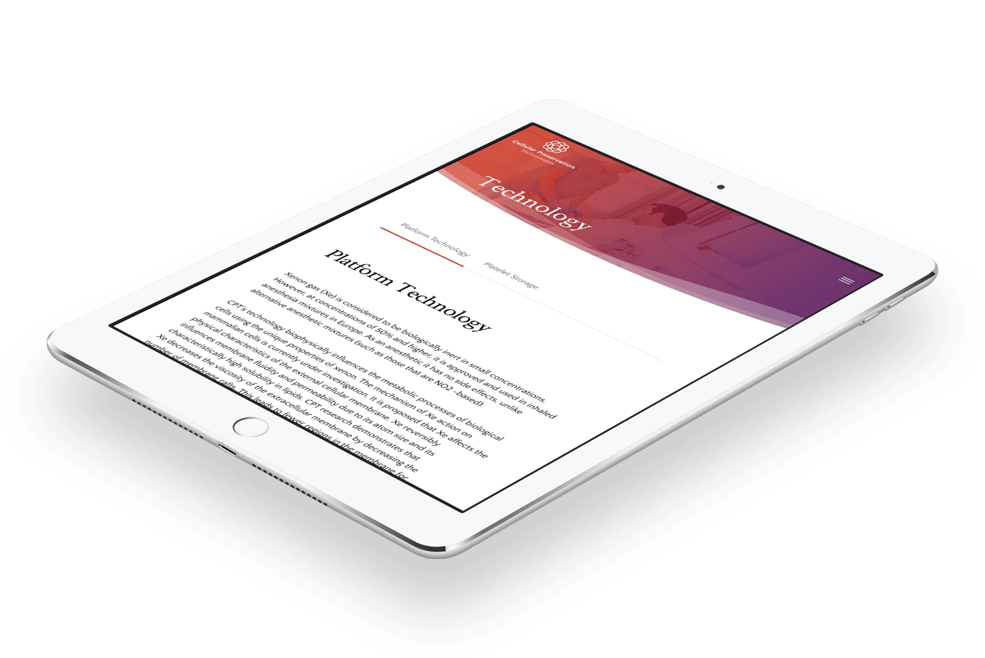 Cellular Preservation Technologies website design tablet display