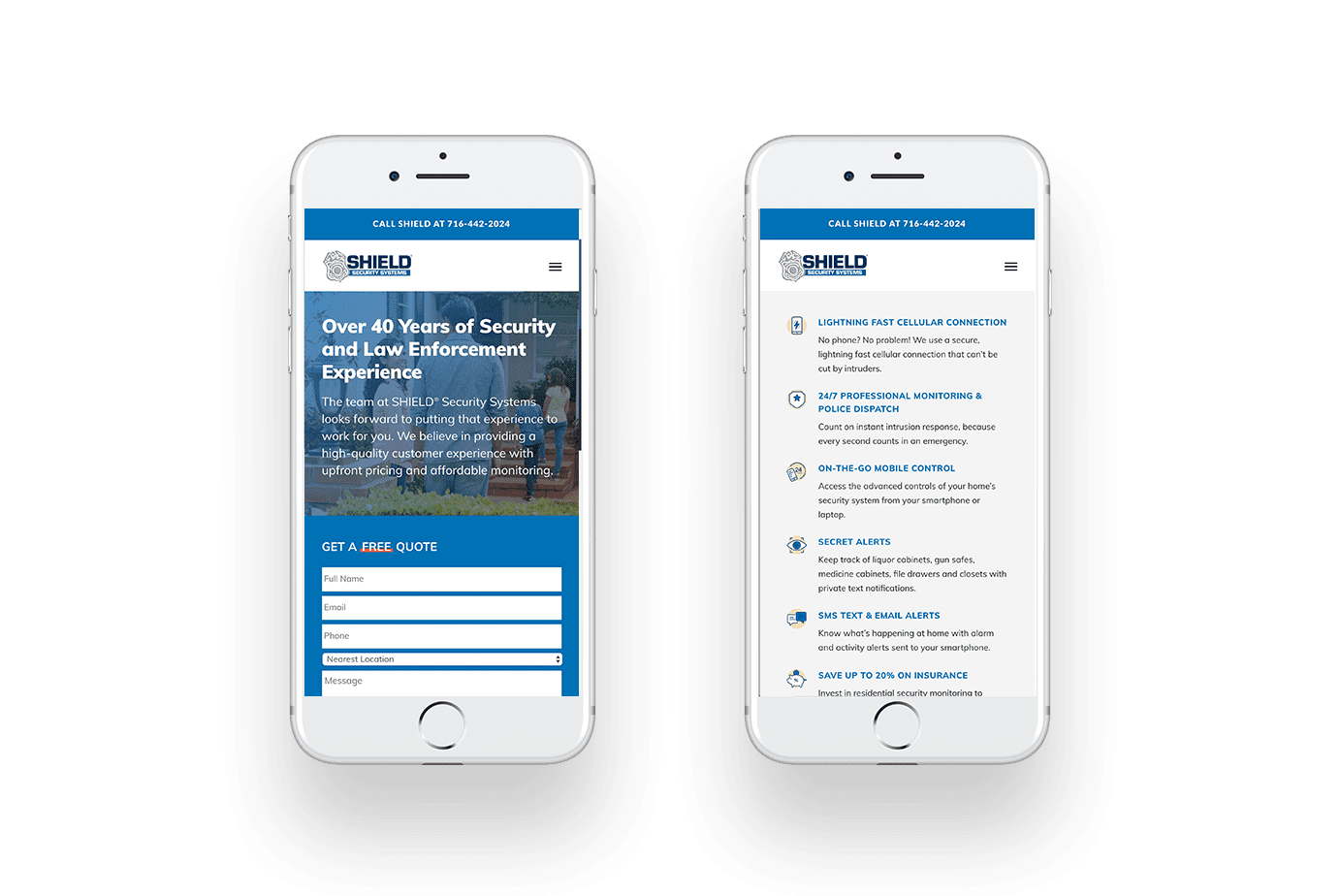 Shield Security Systems responsive website phone display