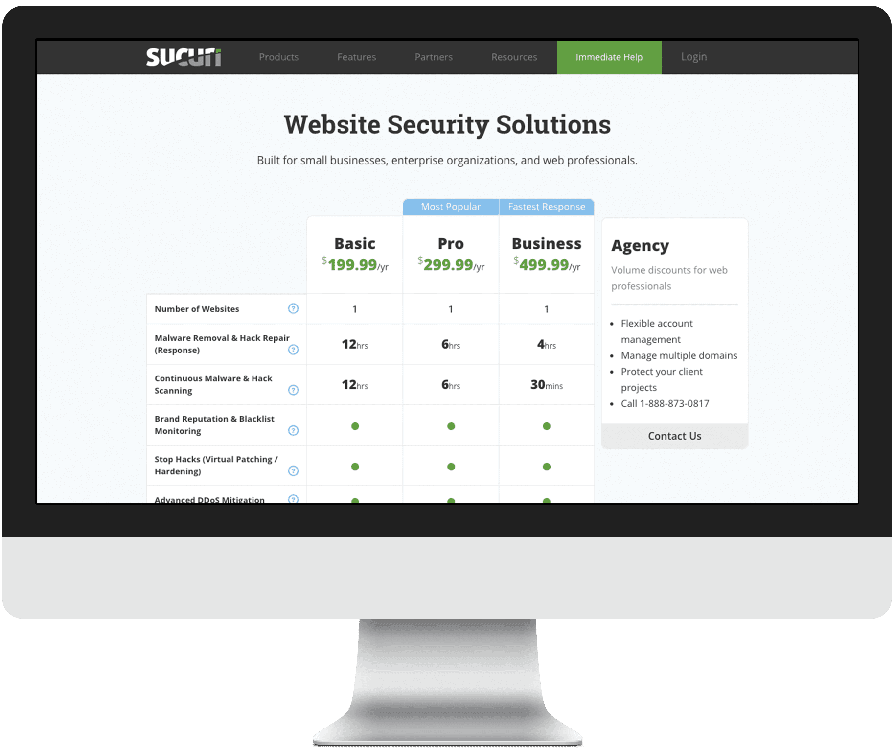 Sucri website security platform plan options screenshot on desktop display
