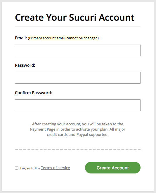 Sucuri Account signup screenshot