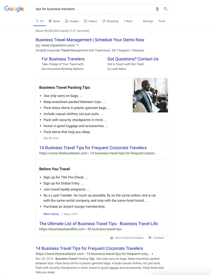The Travel Team blog post in featured snippet