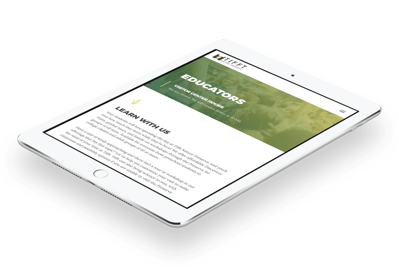 Tifft Nature Preserve website tablet screenshot