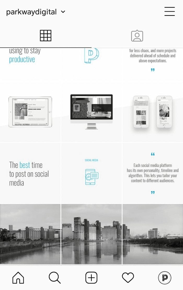Parkway's Instagram grid uses the same aesthetic as our website