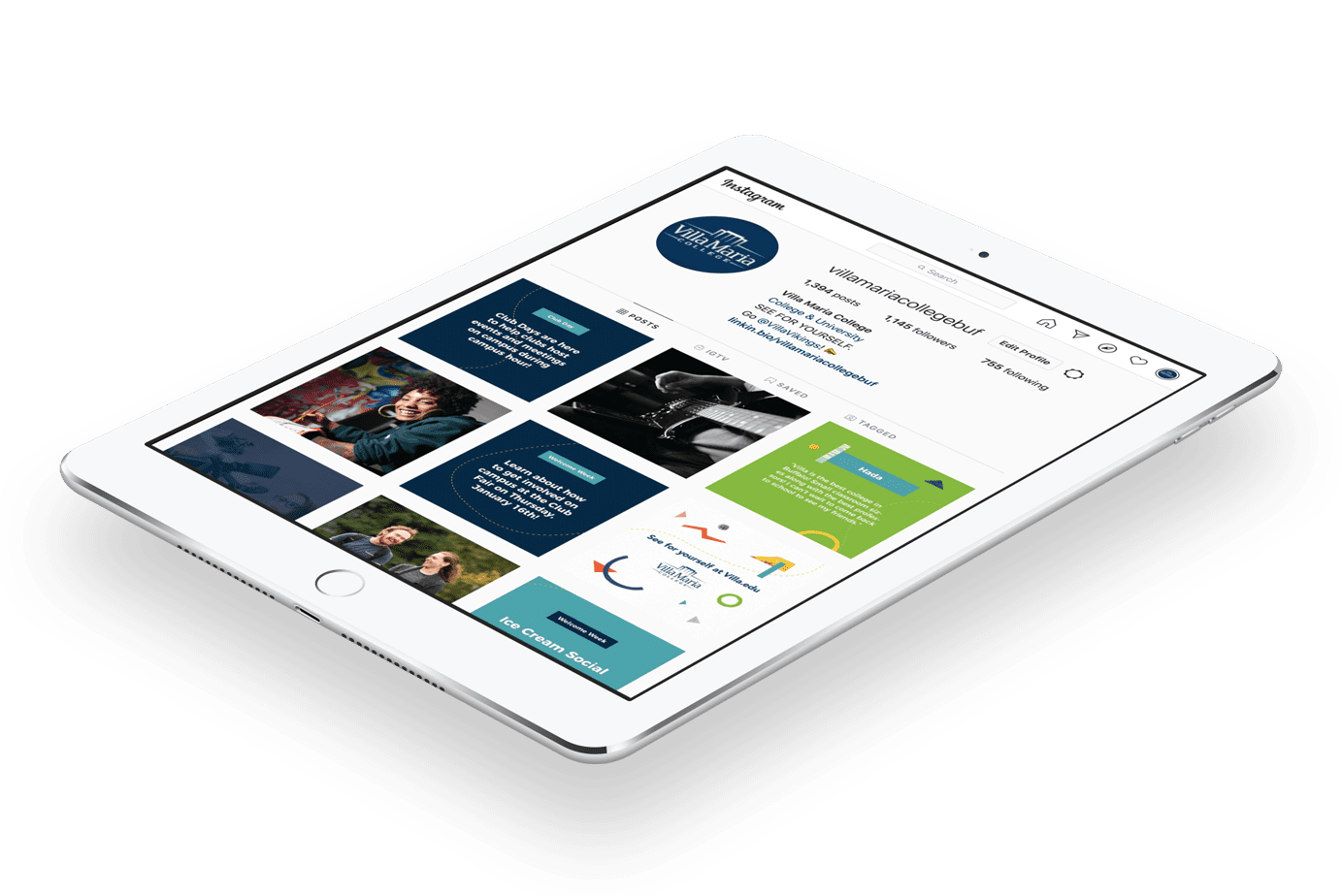 Villa Maria College Instagram profile screenshot on tablet