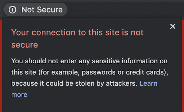 Warning displayed on a website without an SSL certificate