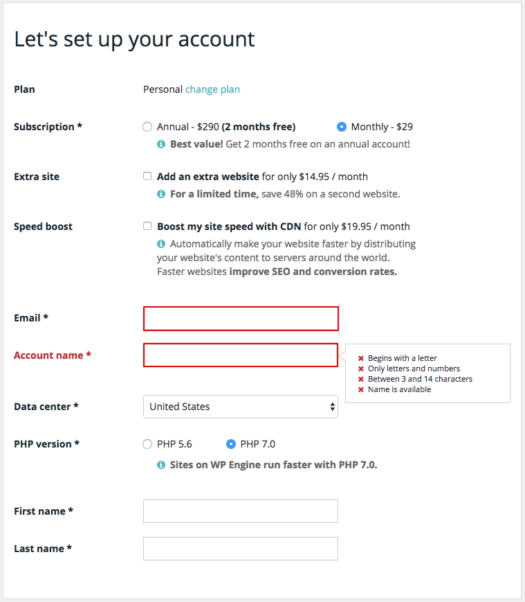 WordPress Engine billing account screenshot