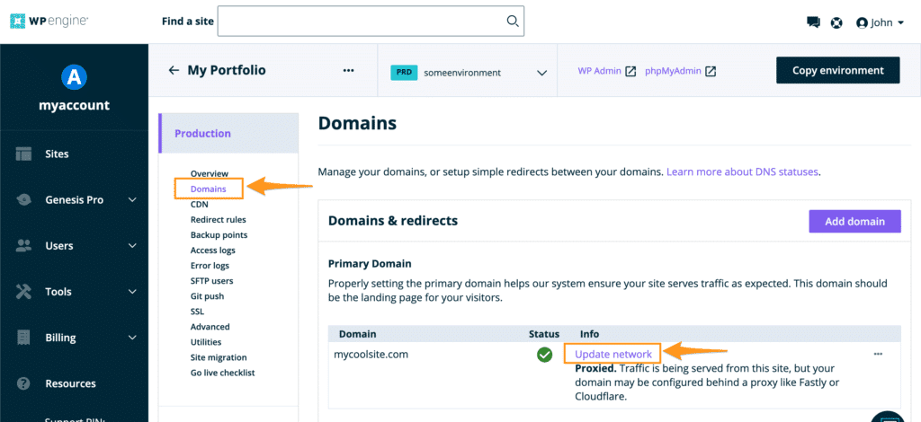 Screenshot of WP Engine domains