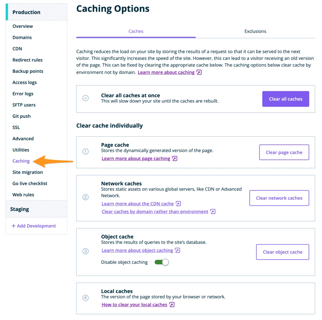 Screenshot of WP Engine caching options