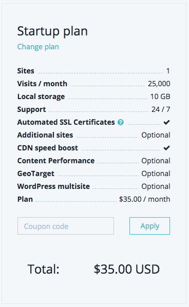 WordPress engine startup plan bill screenshot